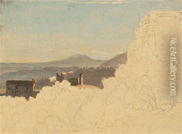 Blick Von Olevano Auf Den Monte Artemisio (unvollendet/unfinished) (+ Gate Of Olevano, Pencil;  Verso) Oil Painting - Ernst Fries