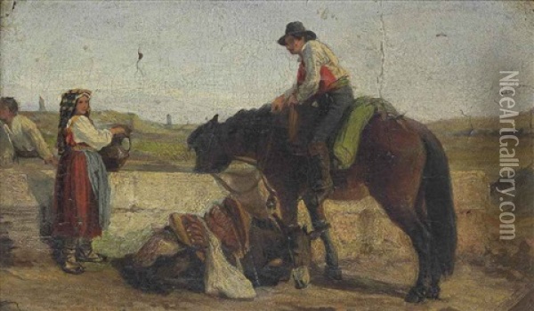 At The Well In The Roman Campagna Oil Painting - George Hemning Mason