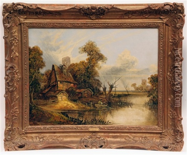 River Landscape With Figure In Boat By Thatched Cottage, Church In Distance Oil Painting - Joseph Paul