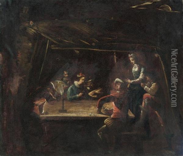 Figures Playing Cards By Candle Light In An Interior Oil Painting - Jean Tassel