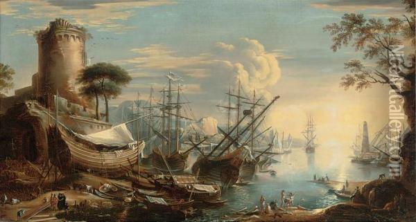 A Mediterranean Coastal Landsape With Shipping In A Harbour And Bathers On A Bank Oil Painting - Claude Lorrain (Gellee)