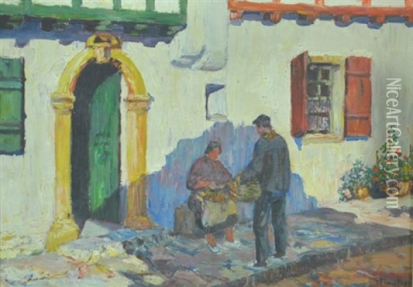 Rural Genre Scene - Couple Outside A House Oil Painting - Louis Floutier