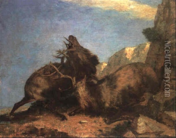 Fighting Stags In A Landscape Oil Painting - Gustave Courbet