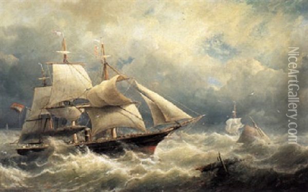 A Dutch Threemaster On A Choppy Sea Oil Painting - Nicolaas Riegen