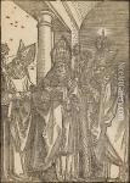 The Three Bishops Nicholas, Ulrich And Erasmus Oil Painting - Albrecht Durer
