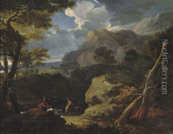 A Mountainous Landscape With Peasants Fishing By A Stream At The Edge Of A Wood Oil Painting - Pieter the Younger Mulier