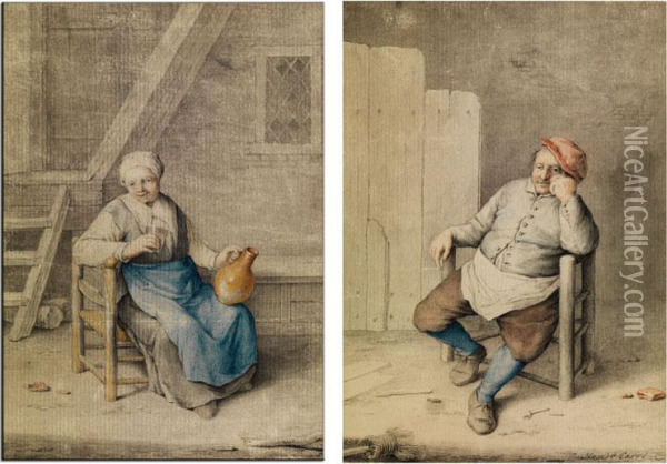 Sitzende Bauerin Mit Tonkrug Und Glas In Einer Scheune Oil Painting - Hendrik Carre