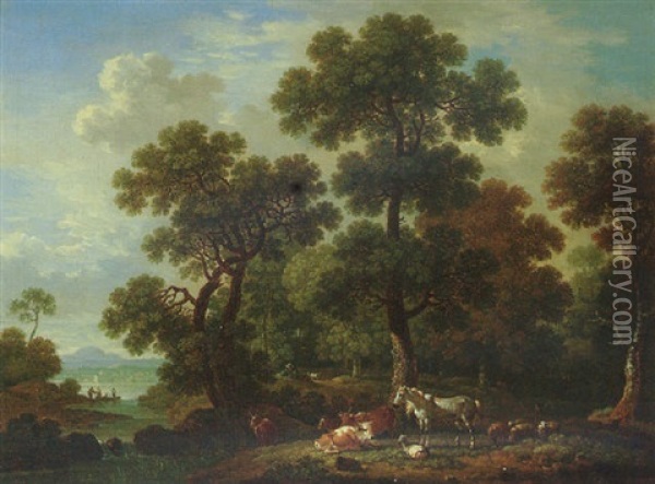 A Wooded Landscape With Cattle, Sheep And Horses Resting On The Banks Of A River, A Lake Beyond Oil Painting - Simon Mathurin Lantara