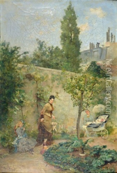 Scene Familiale Dans Un Jardin Oil Painting - Juan Antonio Gonzales
