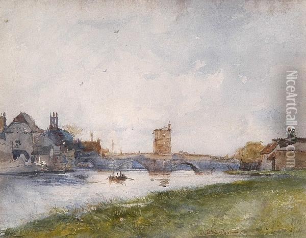 Old Bridge, St Ives, Huntingdonshire Oil Painting - Robert Buchan Nisbet