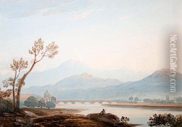 Bridge At Dolgellau, Cadair Idris Beyond Oil Painting - John Varley