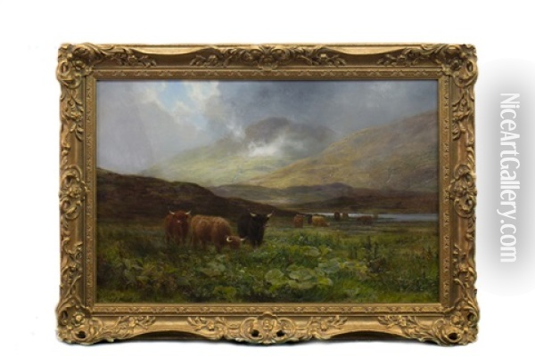 Highland Cattle In A Scottish Landscape Oil Painting - Louis Bosworth Hurt