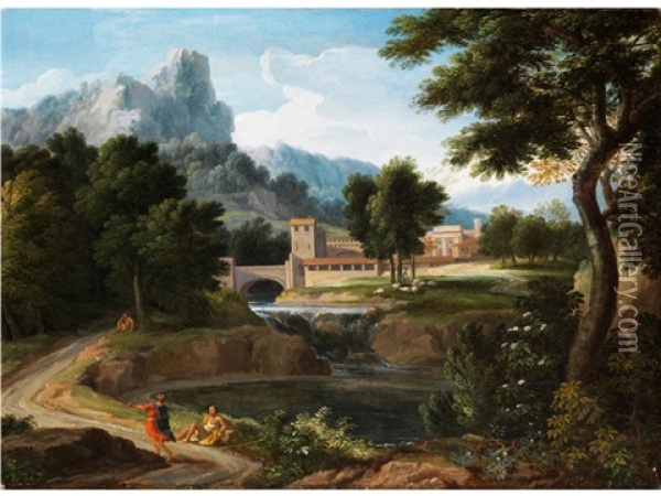 Sudliche Flusslandschaft Mit Bruckenkastell Oil Painting - Jan Frans van Bloemen