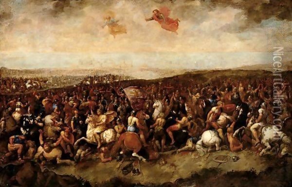 A Cavalry Engagement, Possibly The Battle Of Constantine, With A Coastline Visible Beyond Oil Painting - Luca Giordano