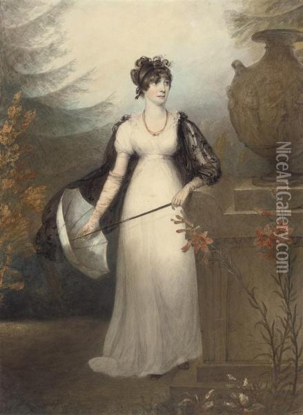 Portrait Of Mrs. Burton Of Lincoln, Full-length, Holding A Parasol, In A Classical Landscape Oil Painting - James Green