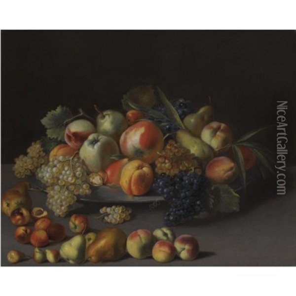 A Still Life With Apples, Peaches, Pears, Grapes And Walnuts On A Plate Over A Table With Other Fruits Oil Painting - Jean-Baptiste Oudry