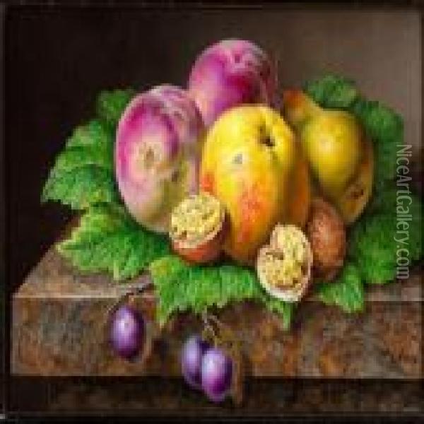 Pear, Apple, Walnuts, Peaches And Grapes On Cabbage Leaves Oil Painting - Johan Laurentz Jensen