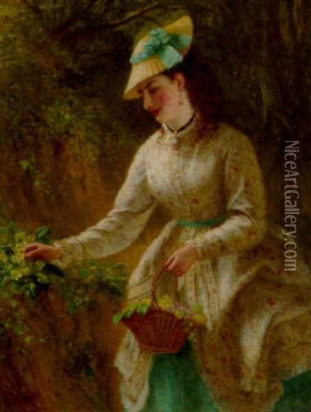 An Elegant Lady Picking Primulas Oil Painting - Charles Rochussen