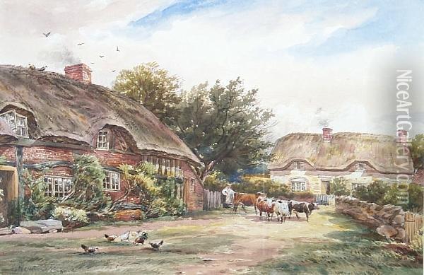Cottages, Newtown Linford Oil Painting - James Orrock