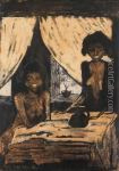 Zwei Zigeunermadchen Im Wohnraum Oil Painting - Otto Mueller