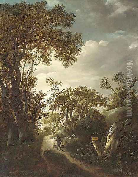 A wooded landscape with a man carrying water on a track, two figures near a gate beyond Oil Painting - (follower of) Ruisdael, Jacob I. van