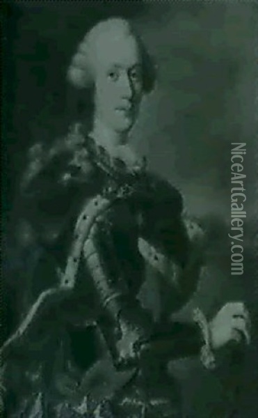 Portrait Of A Gentleman Said To Be Count Chevalier Standing Three-quarter Length In Armor Draped With A Blue Velvet Oil Painting - Antoine Pesne