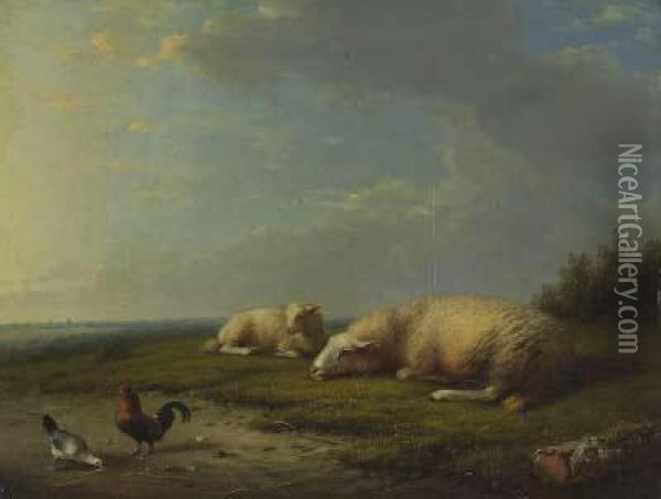 Weite Landschaft Mit Zwei Liegenden Schafen, Hahn Und Henne Oil Painting - Franz van Severdonck