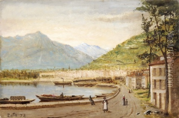 Stadt An Seeufer Vor Gebirge Oil Painting - Cherubino Pata