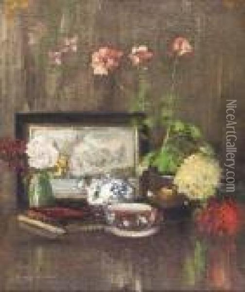 Still Life With Geraniums And Tea Set Oil Painting - James Kay