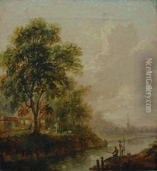 Flusslandschaft Mit Anglern Und Schafhirten Oil Painting - Ferdinand Kobell