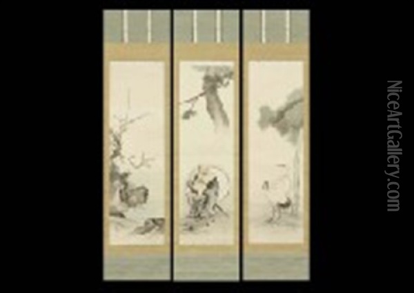 A Pair Of Cranes (+ 2 Others; 3 Works) Oil Painting - Kogetsu Saigo