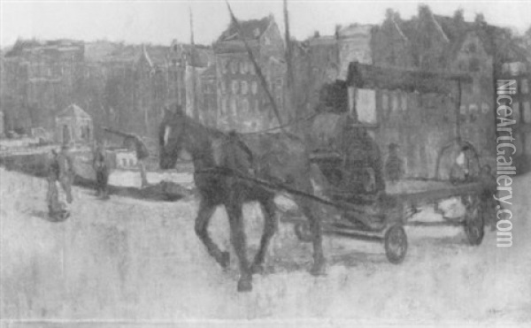 A Worker On A Horse-drawn Cart On The Damrak, Amsterdam,    Coming From The Brugsteeg Oil Painting - George Hendrik Breitner