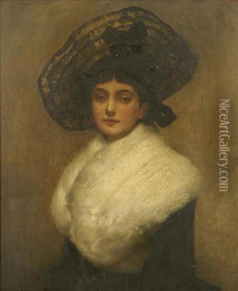 Portrait Ofa Lady, Half Length, Wearing Lace Trimmed Hat And Fur Cape Oil Painting - George Adolphus Storey