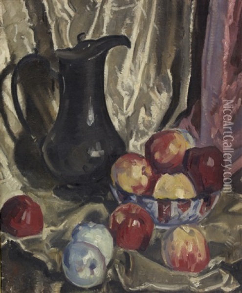 Still Life Jug And Apples Oil Painting - Walter Graham Grieve