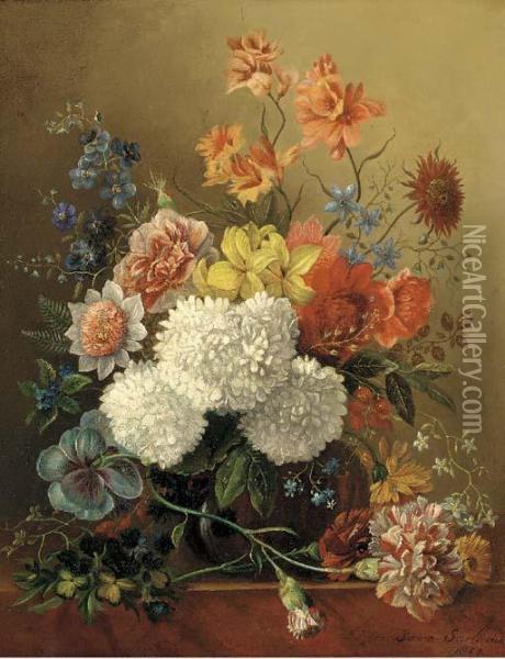 Mixed Summer Flowers In A Glass Vase On A Ledge Oil Painting - Sara Sartorius