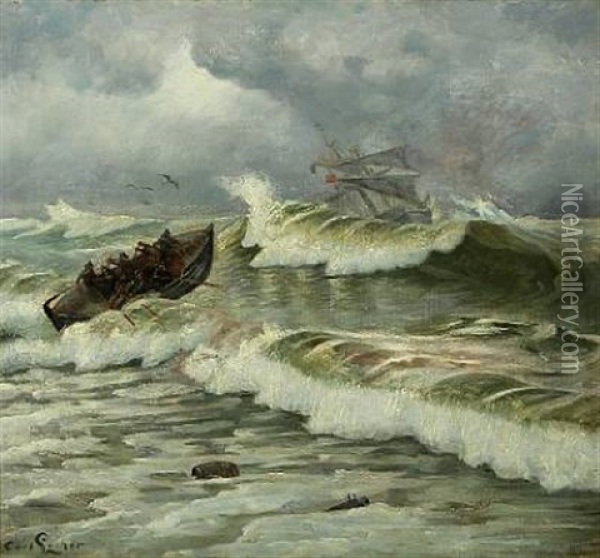 The Lifeboat Goes Out Oil Painting - Carl Ludvig Thilson Locher
