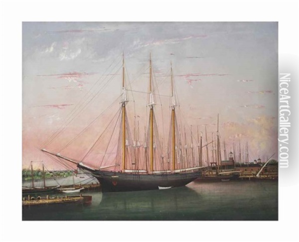The Schooner Charles Carroll On The Piscataqua From The North End Of Noble's Bridge, Portsmouth, New Hampshire, 1875 Oil Painting - Thomas P. Moses