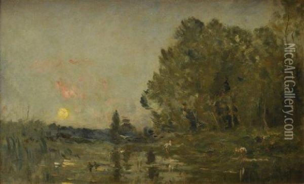 La Mare Aux Herons Oil Painting - Charles-Francois Daubigny