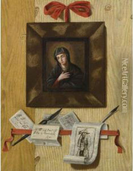 A Trompe L'oeil Wall Arrangement With Madonna And Letters Oil Painting - Andrea Domenico Remps