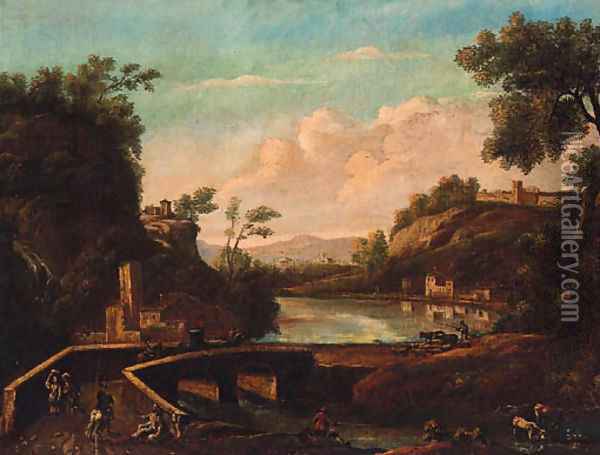 An Italianate river landscape with travellers and a drover crossing a bridge Oil Painting - Marco Ricci