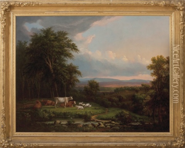 New England Landscape With Cows And Sheep Beside A Stream Oil Painting - John White Allen Scott