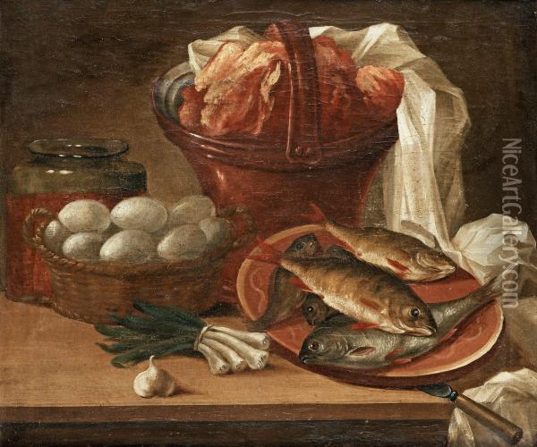 Still Life With Fish, Egg, Vegetables Andmeat Oil Painting - Nicolas Henry Jeaurat De Bertry