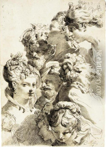 Sheet Of Studies Of Heads With Elaborate Hair Styles Oil Painting - Gaetano Gandolfi