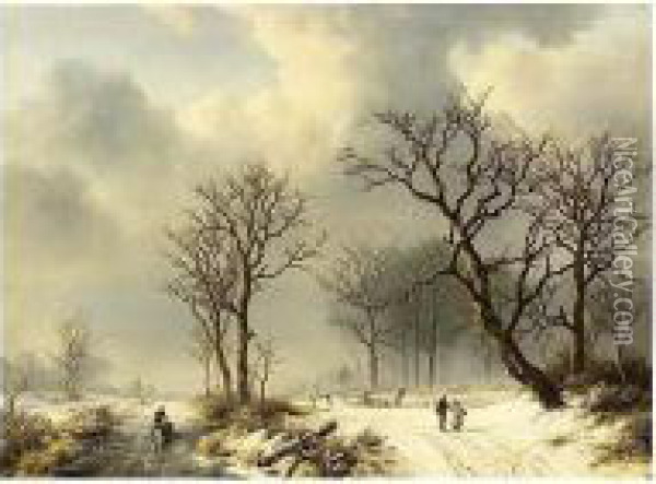 A Winter Landscape With Figures On A Snowy Track Oil Painting - Willem Bodemann