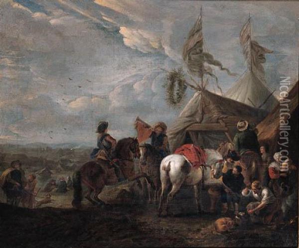 Heralds Halting At A Blacksmith's Near An Encampment Oil Painting - Pieter Wouwermans or Wouwerman