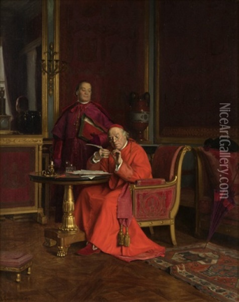 Two Cardinals In An Interior Oil Painting - Henri Adolphe Laissement
