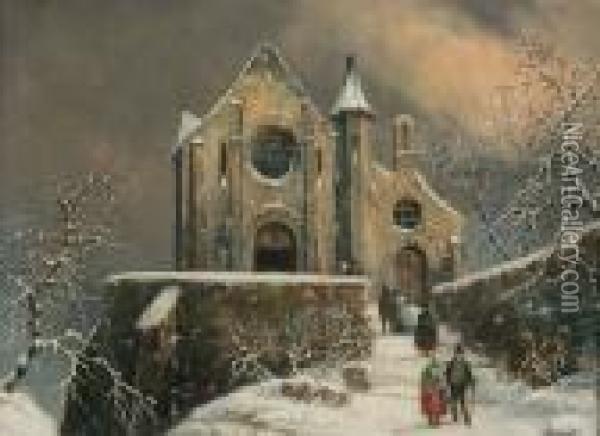 Winter Church Scene Oil Painting - George Morland