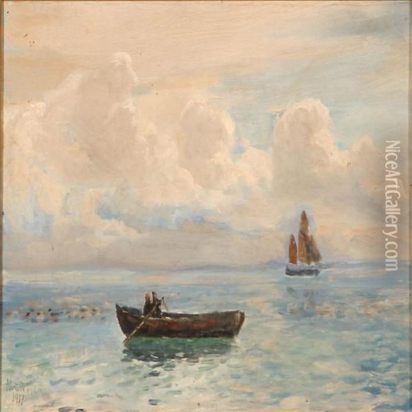 Seascape With A Rowboat And A Sailing Ship In Calmweather Oil Painting - Holger Peter Svane Lubbers