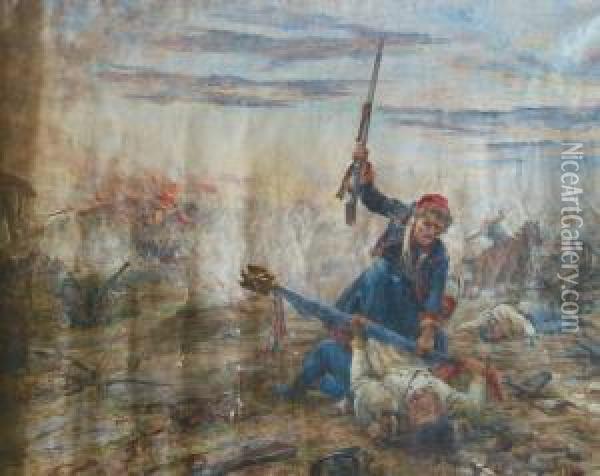 La Bataille De L'alma, Zouave Reprenant Le Drapeau De Son Regiment A L'ennemi Oil Painting - Therese Moreau De Tours