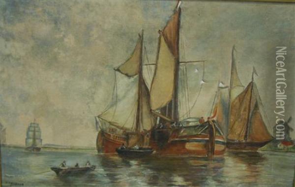 Sailing Ships In A Calm Oil Painting - A.T. Barnes
